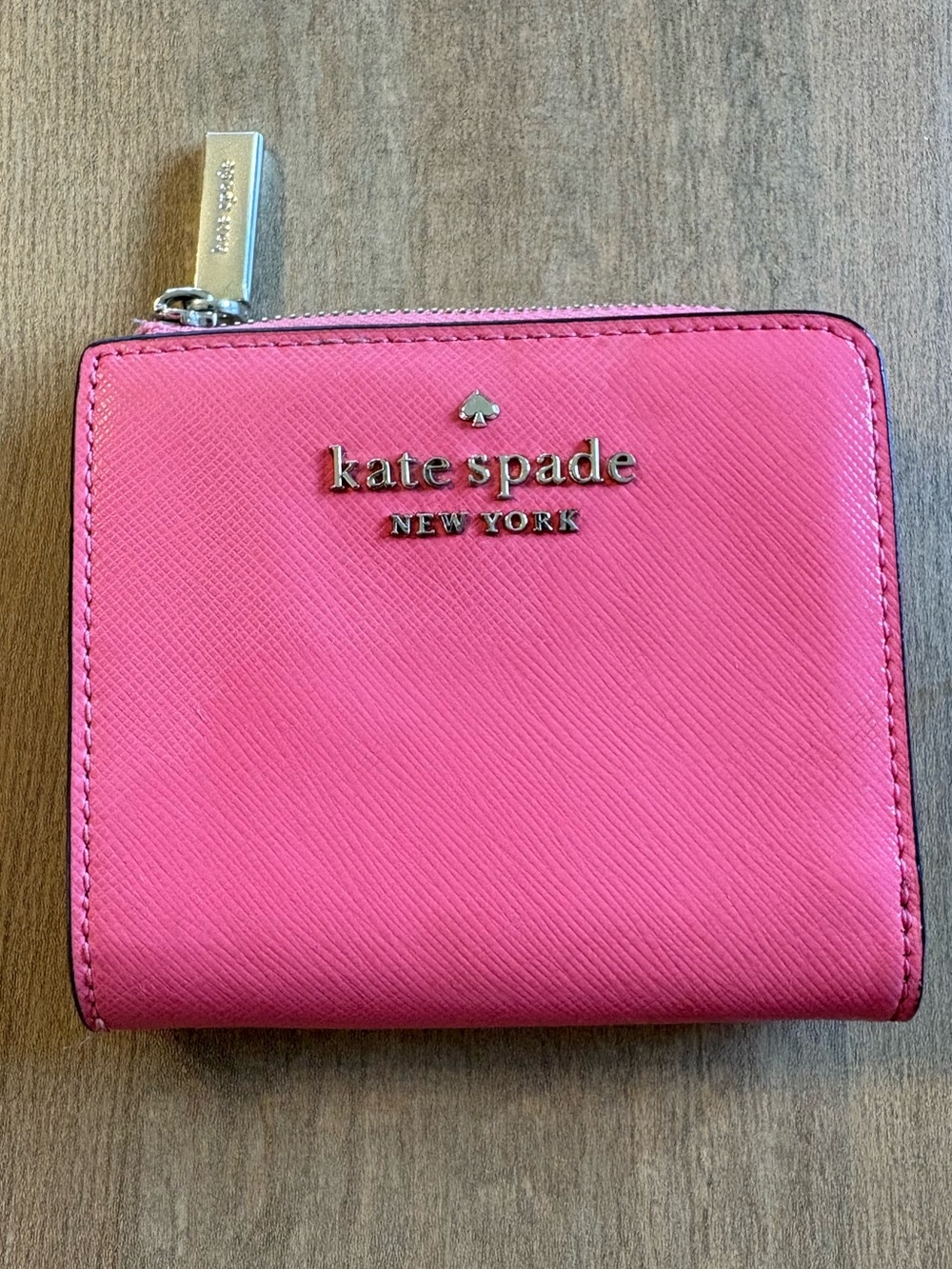Kate Spade Staci Garden Pink Saffiano Leather Small Bifold Wallet Zip Coin ID